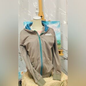 Taupe Bomber Hoodie Jacket with Teal Trim